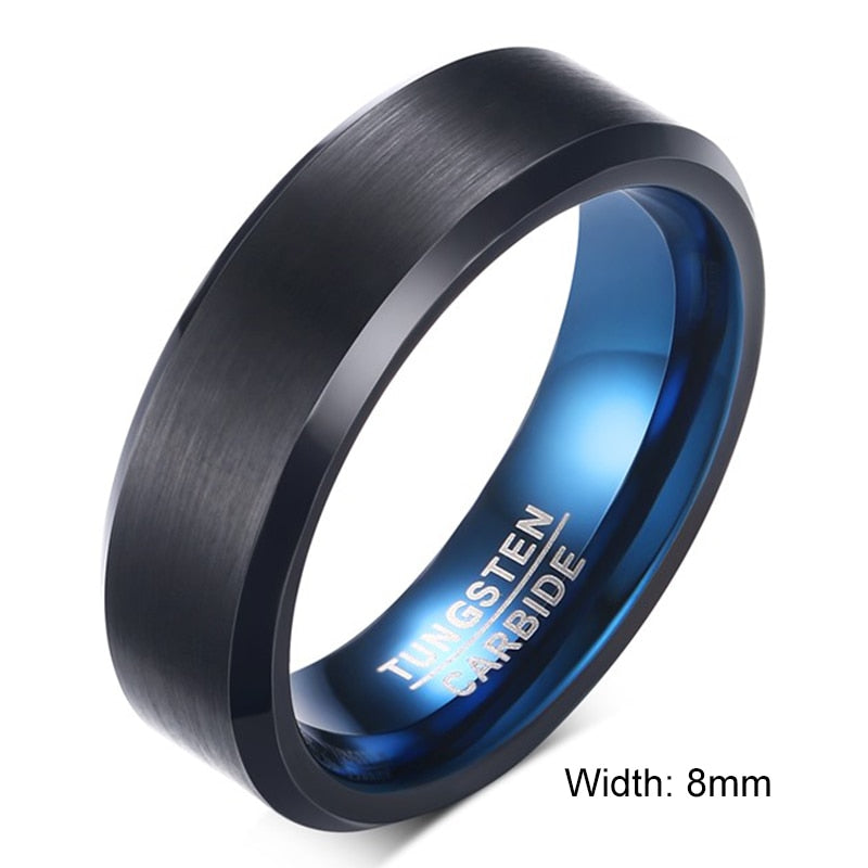 Black Blue Tungsten Wedding Bands Rings for Men Matte Brushed Finish Center