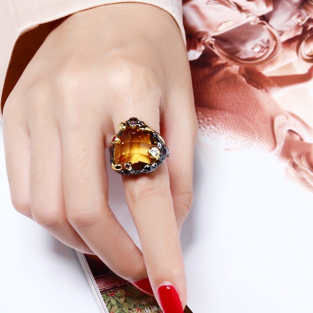 Vintage Black Gold Ring CZ Zirconia Wedding Party Fashion Jewelry Women