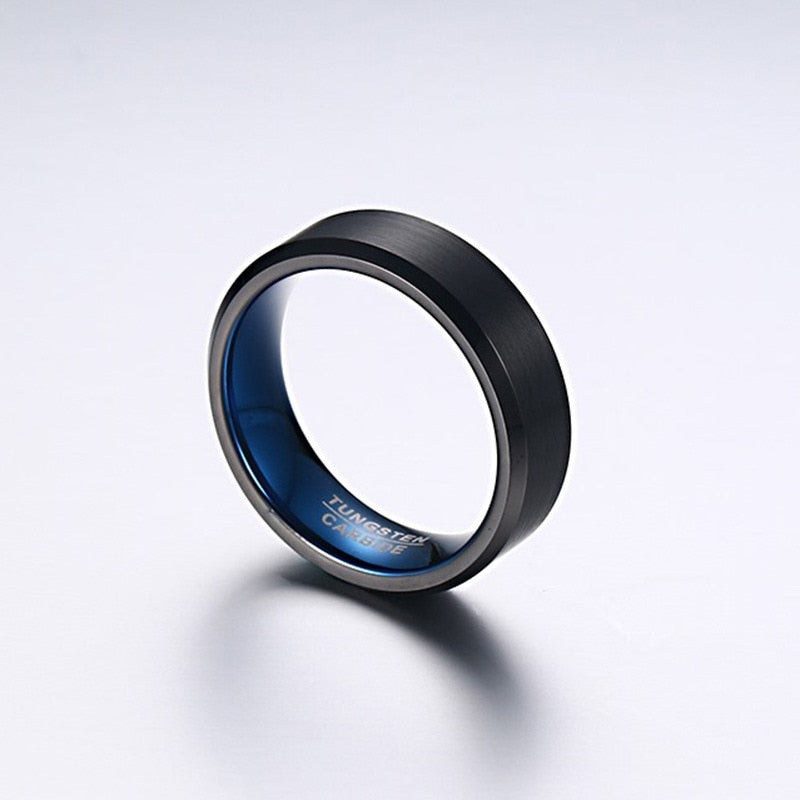 Black Blue Tungsten Wedding Bands Rings for Men Matte Brushed Finish Center
