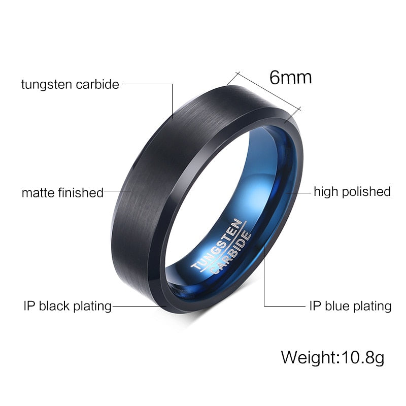 Black Blue Tungsten Wedding Bands Rings for Men Matte Brushed Finish Center