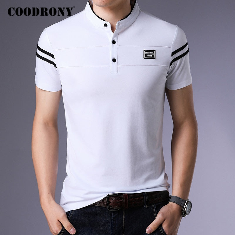 Summer Cotton Stand Collar Short Sleeve T Shirt Men Streetwear Fashion