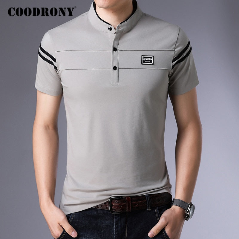 Summer Cotton Stand Collar Short Sleeve T Shirt Men Streetwear Fashion