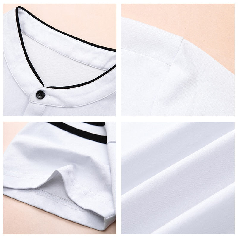 Summer Cotton Stand Collar Short Sleeve T Shirt Men Streetwear Fashion