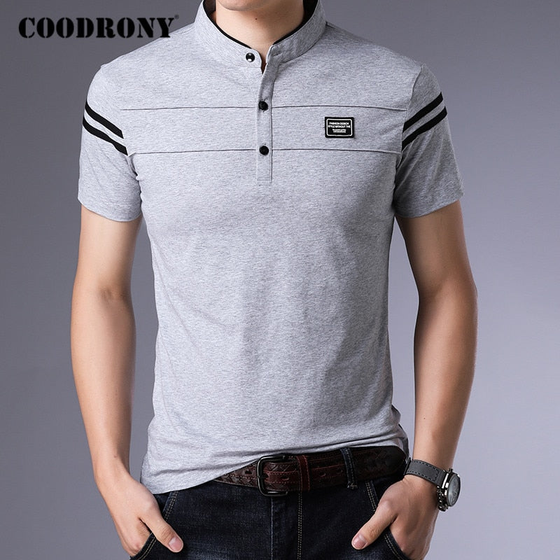 Summer Cotton Stand Collar Short Sleeve T Shirt Men Streetwear Fashion