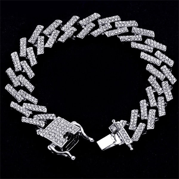 Cuban Link Crystal Rhinestone Clasp Hip Hop Necklace Bracelet