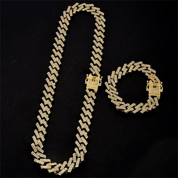 Cuban Link Crystal Rhinestone Clasp Hip Hop Necklace Bracelet