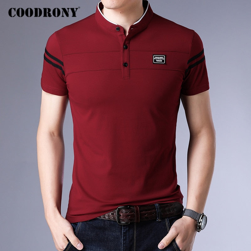 Summer Cotton Stand Collar Short Sleeve T Shirt Men Streetwear Fashion