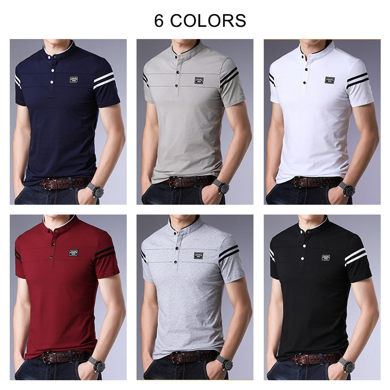 Summer Cotton Stand Collar Short Sleeve T Shirt Men Streetwear Fashion