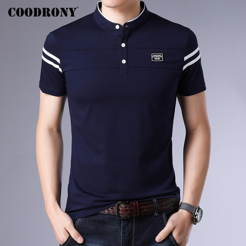 Summer Cotton Stand Collar Short Sleeve T Shirt Men Streetwear Fashion