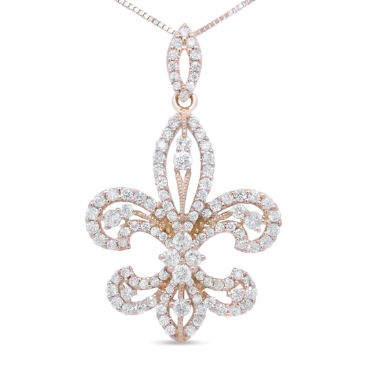 14K Yellow Gold Round Diamond Fleur De Lis 18" Pendant Necklace