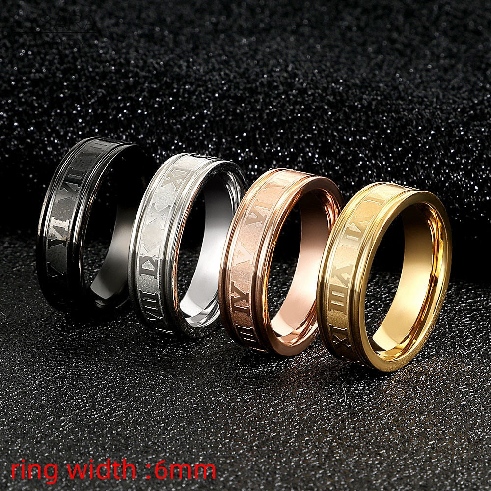 Stainless Steel Wedding Band Roman Numerals Gold Black Punk Finger Ring Men Women